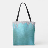 ティール(緑がかった色)銀モダングリッタードリップ金属モノグラム トートバッグ (裏面)