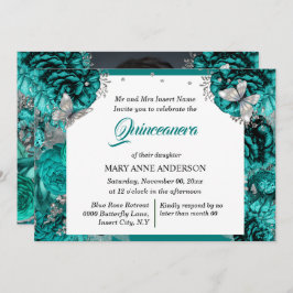 ティール(緑がかった色)銀写真グリッター蝶 招待状