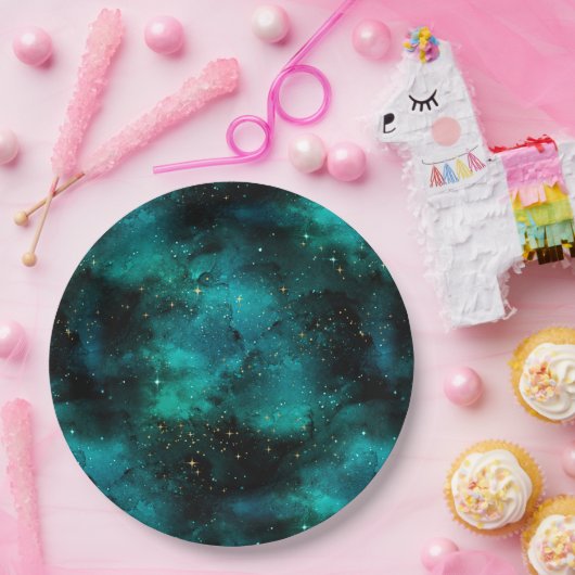 ティール(緑がかった色)銀河系シリーズデザイン1 ペーパープレート (パーティー)