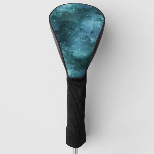 ティール（緑がかった色）銀河系シリーズデザイン7 ゴルフヘッドカバー (正面)