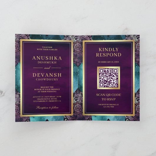 ティール(緑がかった色)銀河系パープルマンダラQRコードインディアン結婚ズ 招待状 (内部)