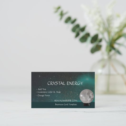 ティール（緑がかった色）銀河系癒し結晶球 名刺 (スタンド正面)
