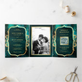 ティール(緑がかった色)銀河系金ゴールドマンダラQRコードインディアン結婚ズ 三つ折り招待状 (内部)