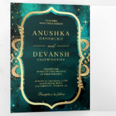 ティール(緑がかった色)銀河系金ゴールドマンダラQRコードインディアン結婚ズ 三つ折り招待状 (内部最初)