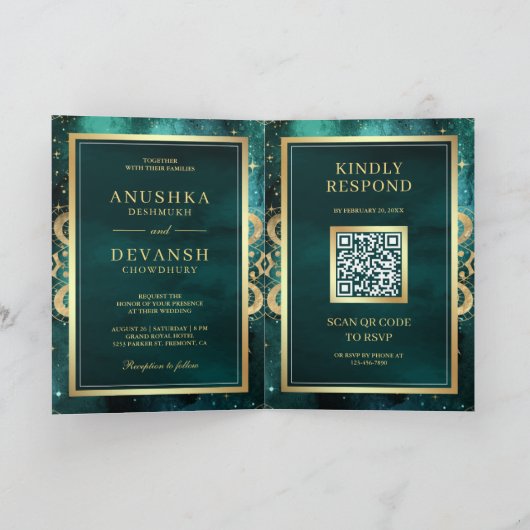 ティール(緑がかった色)銀河系金ゴールドマンダラQRコードインディアン結婚ズ 招待状 (内部)