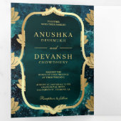 ティール(緑がかった色)銀河系金ゴールドロータスQRコードインディアン結婚ズ 三つ折り招待状 (内部最初)