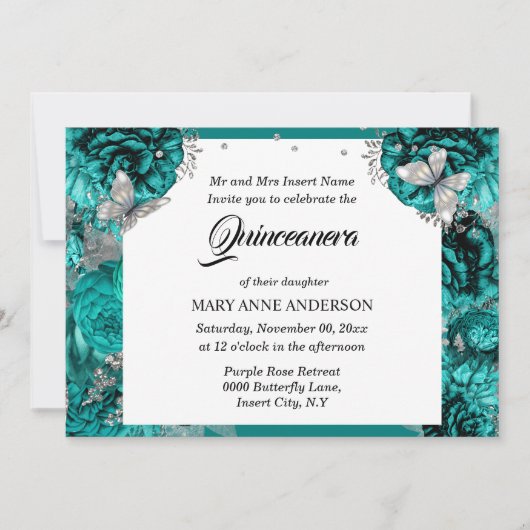 ティール（緑がかった色）銀蝶エレガントバラキンセアニェラ 招待状 (正面)