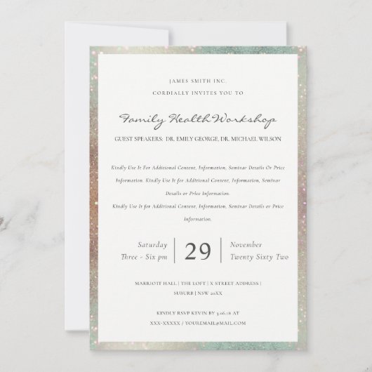 ティール（緑がかった色）銅光沢グリッターワークショップイベント招待状 サンキューカード (正面)