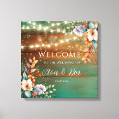 ティール（緑がかった色）銅木材フローラライト結婚のウェルカムサイン キャンバスプリント (正面)