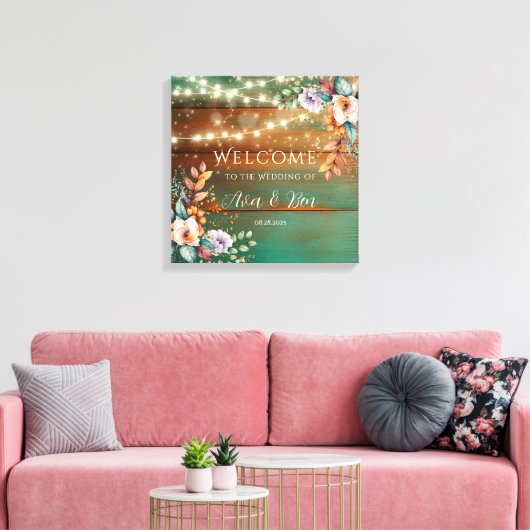 ティール（緑がかった色）銅木材フローラライト結婚のウェルカムサイン キャンバスプリント (インサイチュ (リビング))