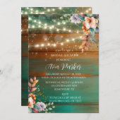 ティール（緑がかった色）銅木材牡丹ライトブライダルシャワー 招待状 (正面/裏面)