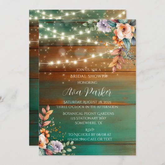 ティール（緑がかった色）銅木材牡丹ライトブライダルシャワー 招待状 (正面/裏面)
