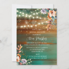 ティール（緑がかった色）銅木材牡丹ライトブライダルシャワー 招待状