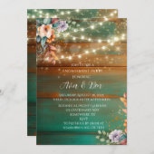 ティール（緑がかった色）銅木材牡丹ライト婚約パーティ 招待状 (正面/裏面)