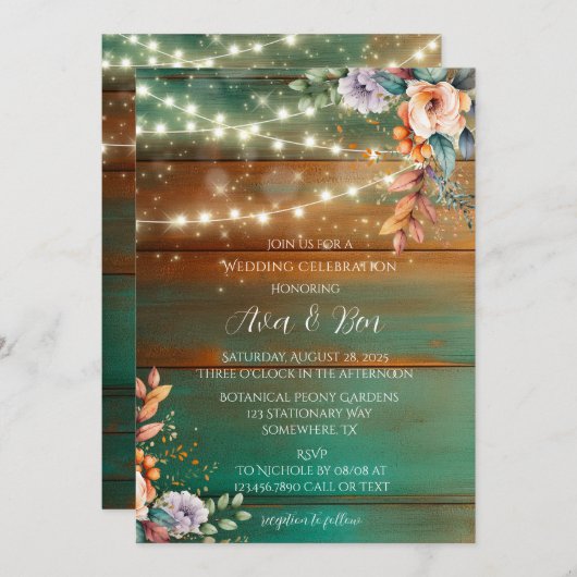 ティール（緑がかった色）銅木材牡丹灯結婚のお祝い 招待状 (正面/裏面)