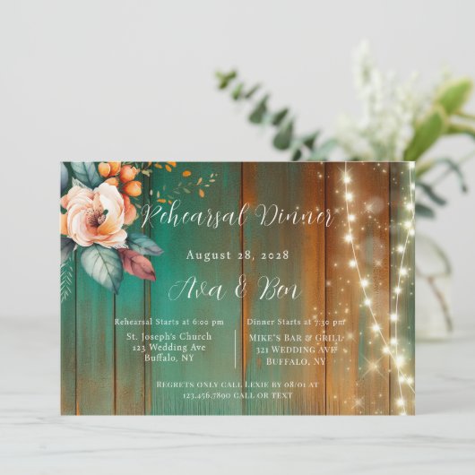 ティール(緑がかった色)銅牡丹ライト追加フォトリハーサルディナー 招待状 (スタンド正面)