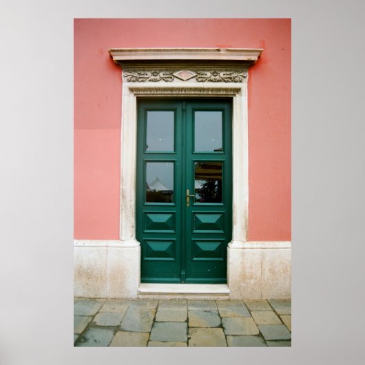 ティール（緑がかった色）鋼製窓枠付き木製扉 ポスター (正面)