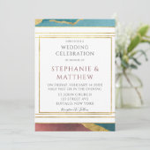 ティール（緑がかった色）錆び銅瑪瑙金ゴールド幾何結婚の 招待状 (スタンド正面)