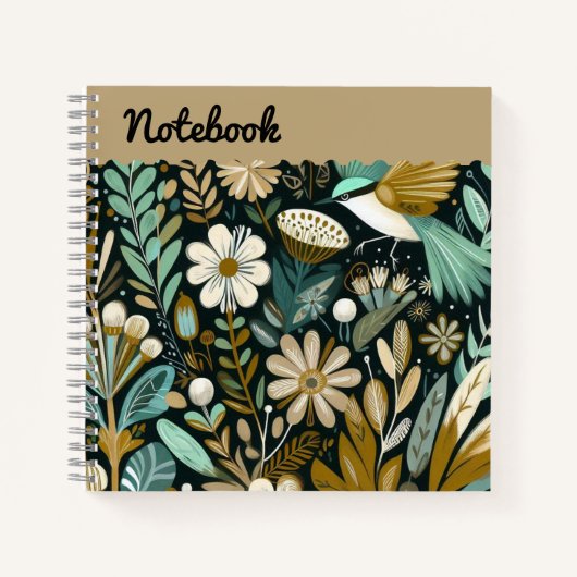 ティール（緑がかった色）開花ノート – 装飾的なフォーク鳥トップ ノートブック (正面)
