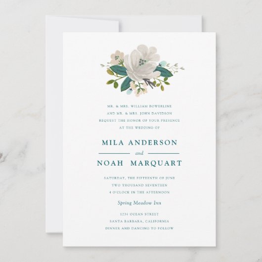 ティール(緑がかった色)開花結婚式招待状 招待状 (正面)