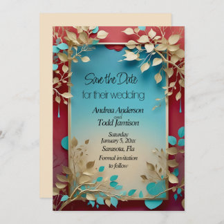 ティール（緑がかった色）離れベージュ金ゴールドフレ結婚ーム セーブザデート