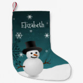 ティール（緑がかった色）雪だるまウィンターシーンクリスマスストッキング スモールクリスマスストッキング (正面)