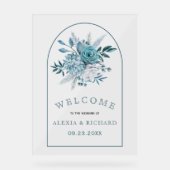 ティール（緑がかった色）青い花とアーチフローラ歓迎結婚の アクリルサイン (正面)