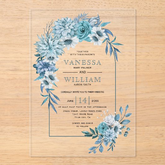 ティール（緑がかった色）青い花と葉の結婚アーチ アクリル招待状 (正面)