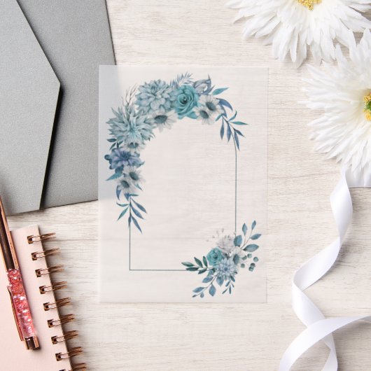 ティール(緑がかった色)青い花と葉の結婚アーチ ベラム紙招待状 (ウェディング)