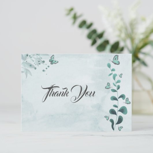 ティール(緑がかった色)青い蝶の葉植物性 サンキューカード (スタンド正面)