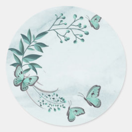 ティール（緑がかった色）青い蝶葉のフローラ ラウンドシール