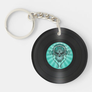 ティール(緑がかった色)青いDjはレコードのグラフィックのスカルを砂 キーホルダー