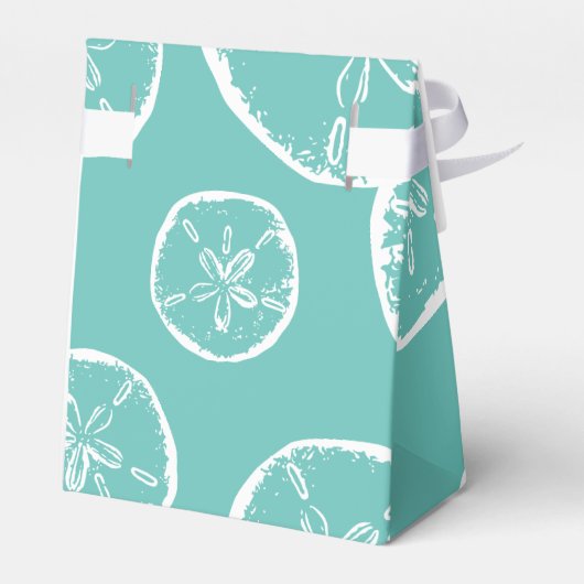 ティール（緑がかった色）青と白のサンドドル結婚貝 フェイバーボックス (裏面サイド)