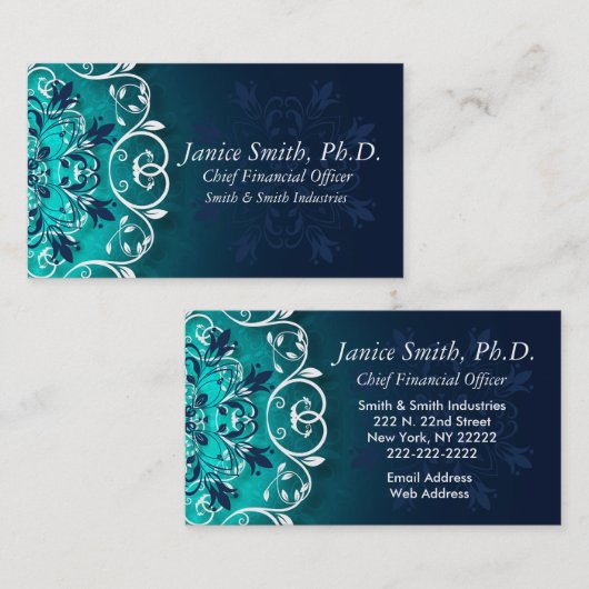 ティール(緑がかった色)、青と白のフローラ渦巻き曼荼羅 名刺 (正面/裏面)