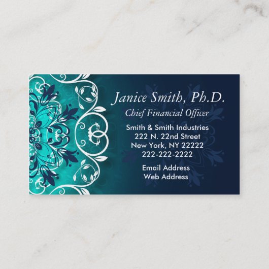 ティール(緑がかった色)、青と白のフローラ渦巻き曼荼羅 名刺 (裏面)