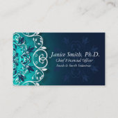 ティール（緑がかった色）、青と白のフローラ渦巻き曼荼羅 名刺 (正面)