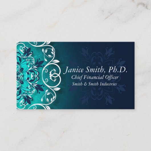 ティール(緑がかった色)、青と白のフローラ渦巻き曼荼羅 名刺 (正面)