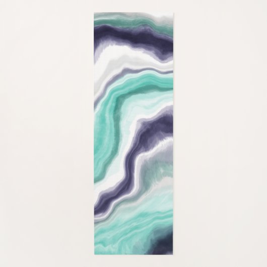 ティール（緑がかった色）、青と白の大理石の流体アート ヨガマット (正面)