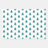 ティール（緑がかった色）青と白の木メリークリスマスホリデー ラッピングペーパーシート (正面)