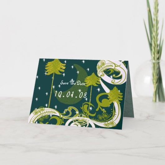 ティール（緑がかった色）青と緑の松の木の日付を保存 招待状 (正面)