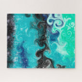 ティール(緑がかった色)、青と黒の流体アート大理石が渦巻き ジグソーパズル (横)