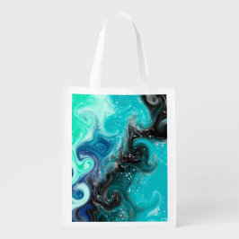 ティール（緑がかった色）、青と黒の流体アート大理石の渦巻き エコバッグ