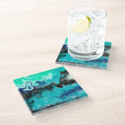 ティール(緑がかった色)、青と黒の流体アート大理石の渦巻き ガラスコースター (アングル)