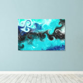 ティール(緑がかった色)、青と黒の流体アート大理石の渦巻き キャンバスプリント (インサイチュ (ウッドフロア))