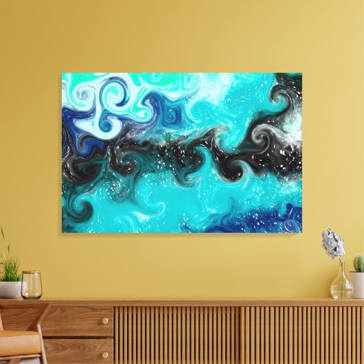 ティール(緑がかった色)、青と黒の流体アート大理石の渦巻き キャンバスプリント (インサイチュ (リビング))
