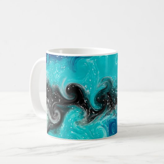 ティール(緑がかった色)、青と黒の流体アート大理石の渦巻き コーヒーマグカップ (正面左)