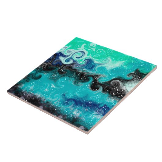 ティール(緑がかった色)、青と黒の流体アート大理石の渦巻き タイル (側面)