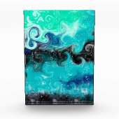 ティール(緑がかった色)、青と黒の流体アート大理石の渦巻き フォトブロック (正面)