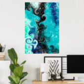 ティール（緑がかった色）、青と黒の流体アート大理石の渦巻き ポスター (ホームオフィス)