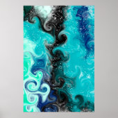 ティール(緑がかった色)、青と黒の流体アート大理石の渦巻き ポスター (正面)